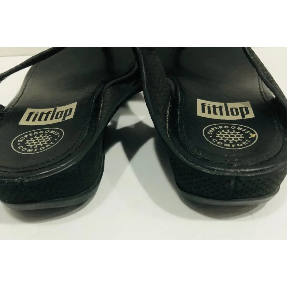 FitFlop Banda Sandals Women 6 Black‎ Leather Perforated Thong Shoe Whimsigoth